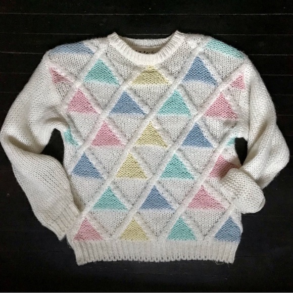 Vintage Sweaters - VIVA L.A. 90s Era Knitted Geometric Pastels Pull Over Grandmacore Sweater